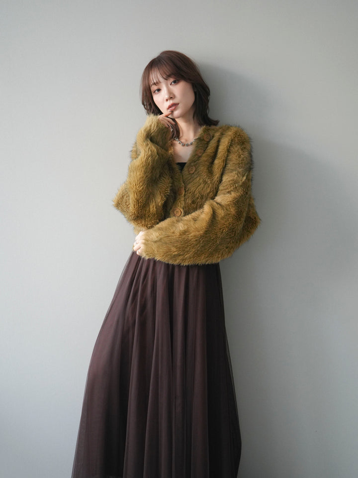 [予約]ミックスシャギーショートニットカーディガン/green