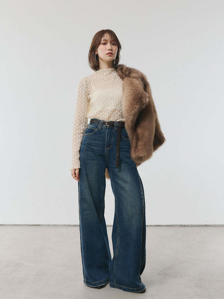 【Allure】[SET]フラワーレーストップス+サイドタックヴィンテージワイドデニム+フェイクファービックカラージャケット(3set)