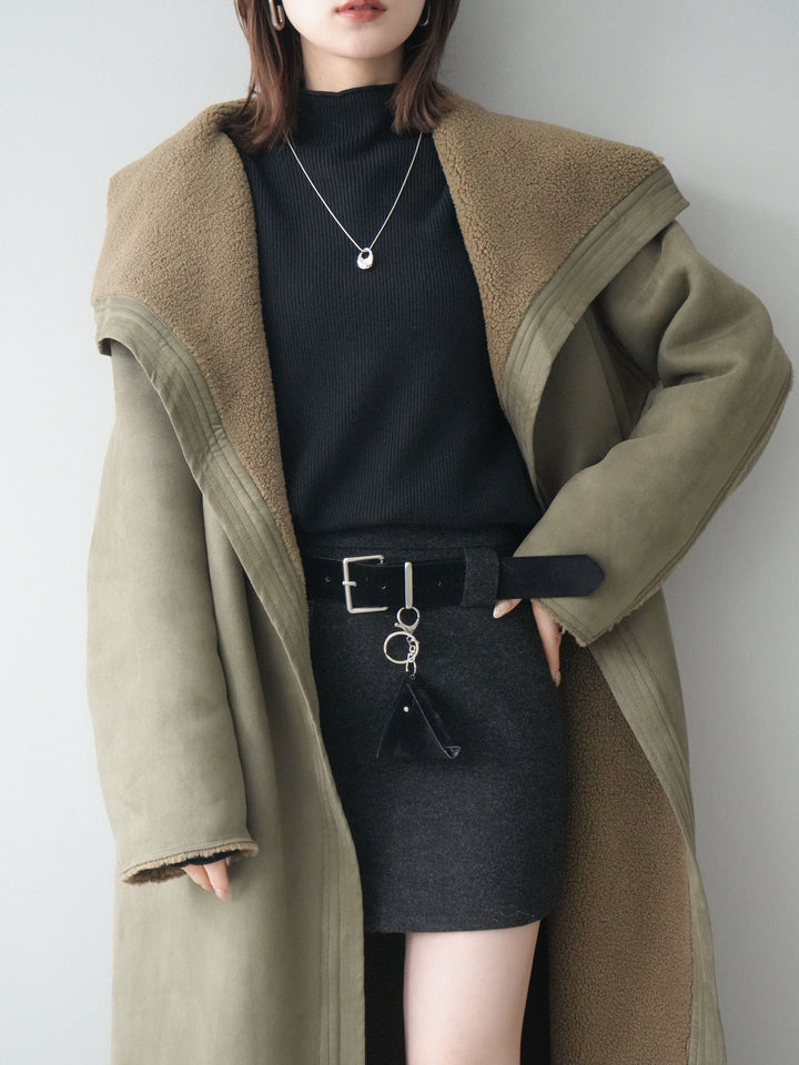 [SET]BIGカラームートンコート+ボトルネック裾カールリブニットトップス+ウールタッチベルト付ミニスカート(3set)