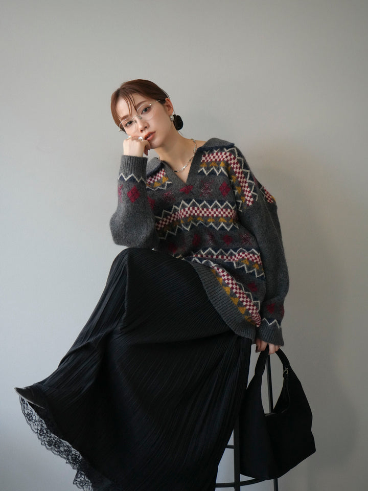 [予約]ノルディック柄ポロニットプルオーバー/チャコール