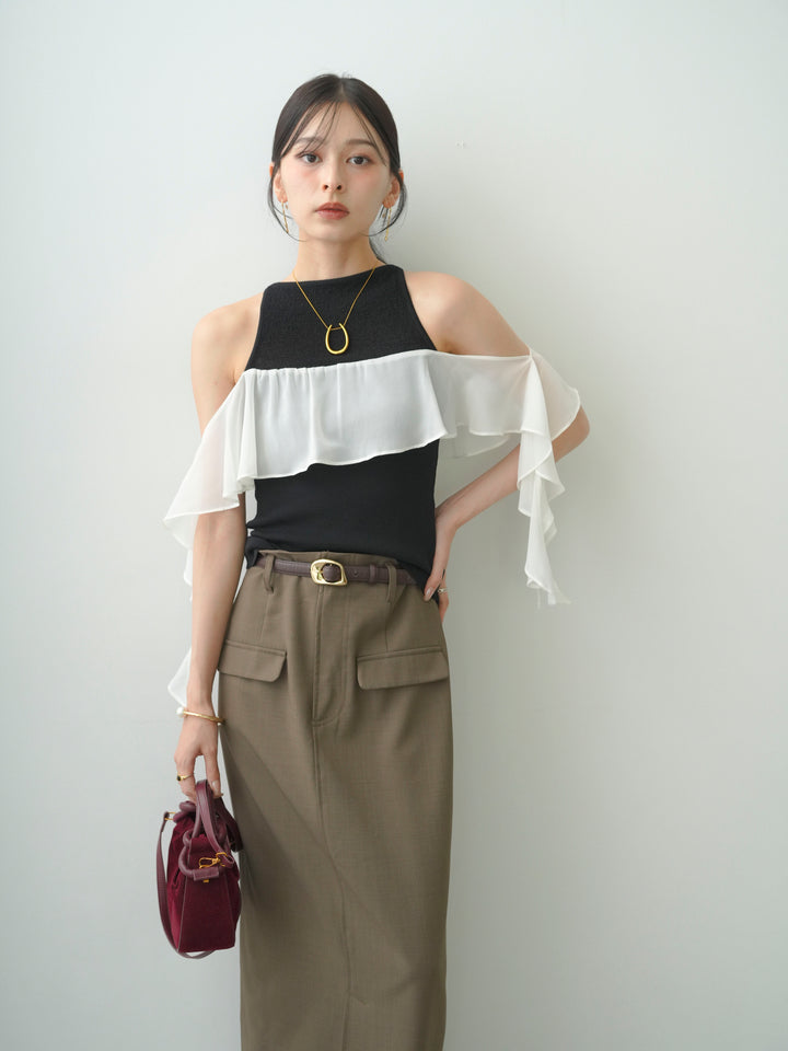[SET]シフォンフリルドッキングノースリニットトップス+クレープデシンフラップ付きストレートスカート(2set)
