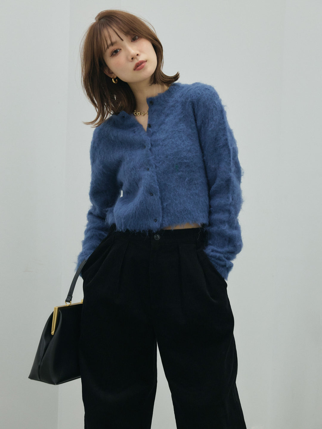 [予約]モヘアタッチクロップドニットプルオーバー/blue