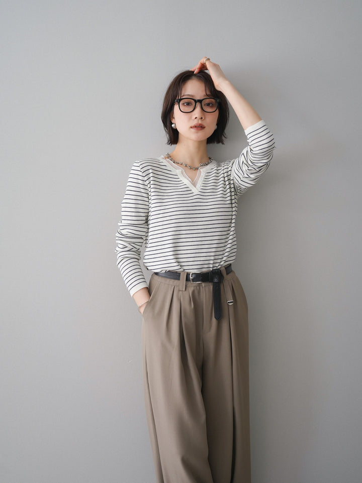 [SET]チュールレイヤードデザインボーダーニットトップス+チュールレイヤードデザインボーダーニットトップス(2set)