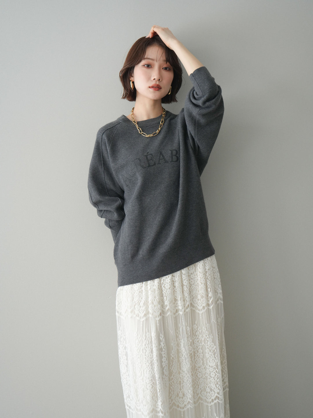 [予約]半ラバープリントロゴスウェットライクニットプルオーバー/mokucharcoal