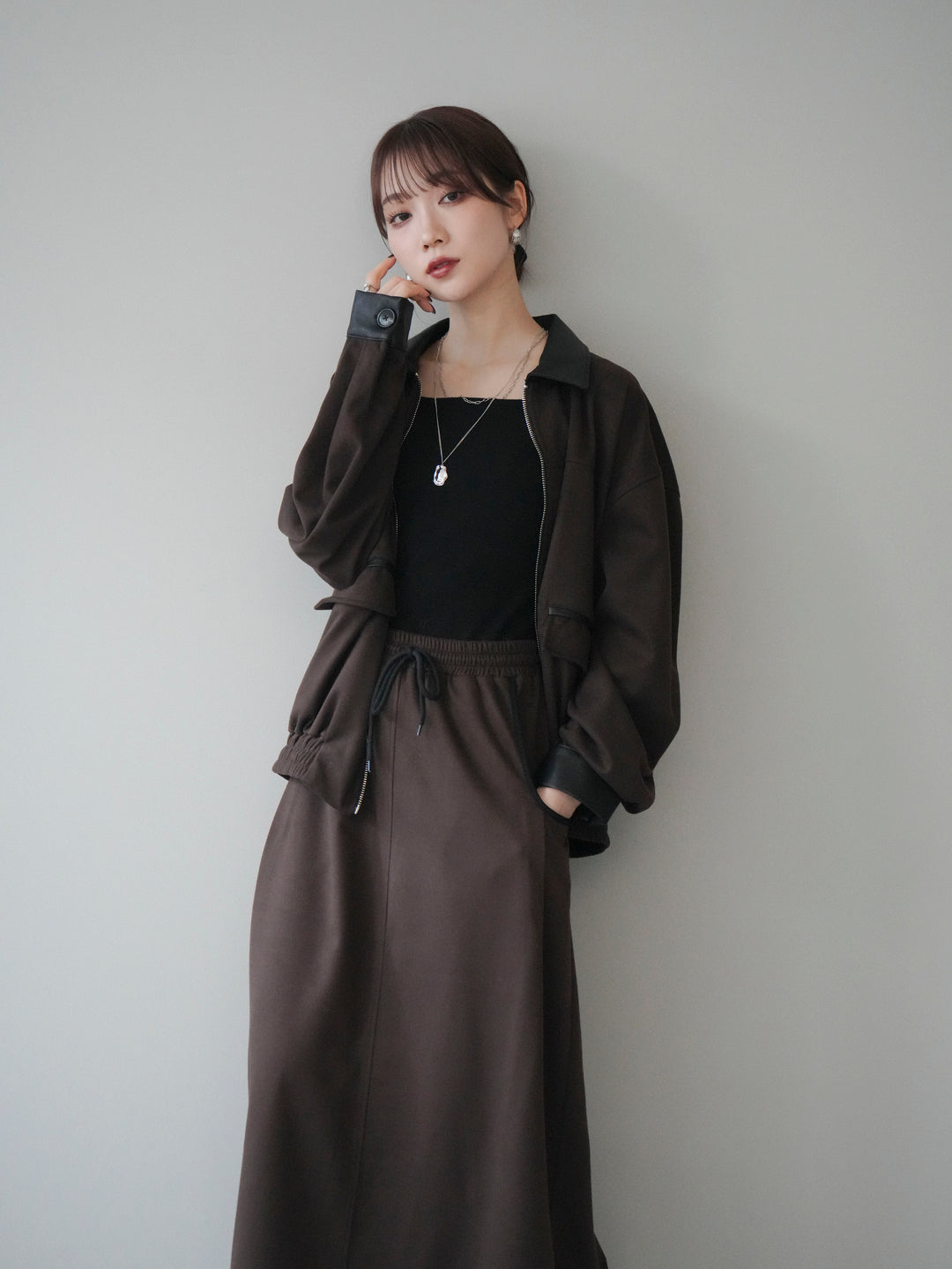 [予約]レザー襟配色パイピングブルゾン/brown