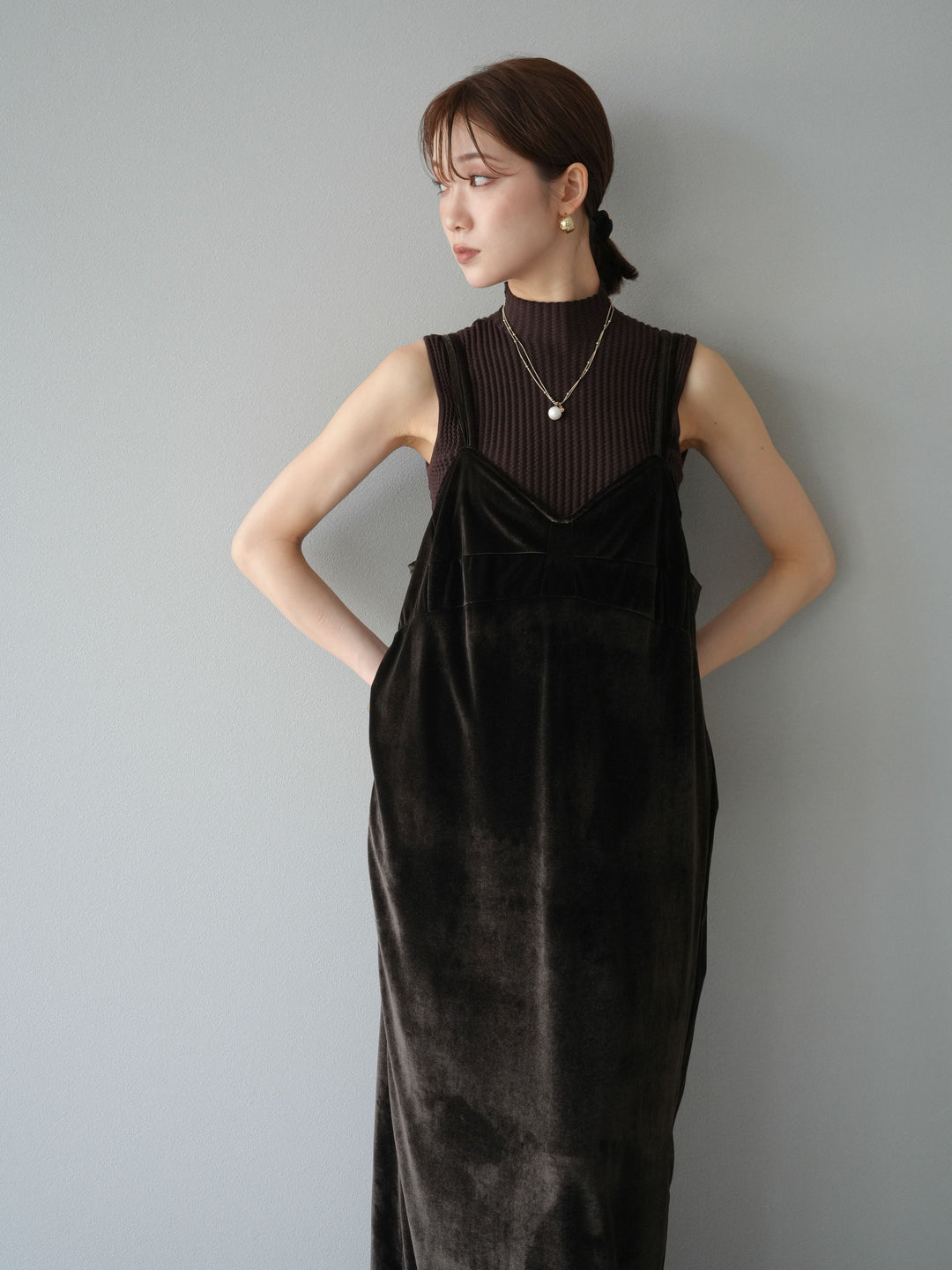 [予約]ベロアビスチェキャミワンピース/ブラウン