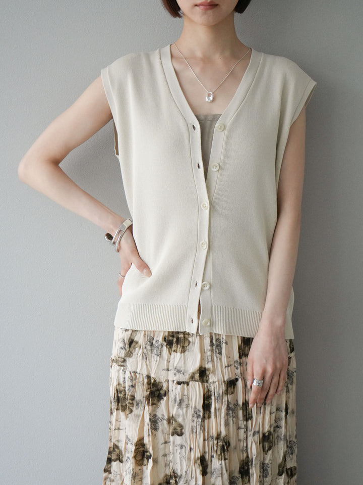 [SET] V領人造絲針織背心+花邊長裙（2件組）