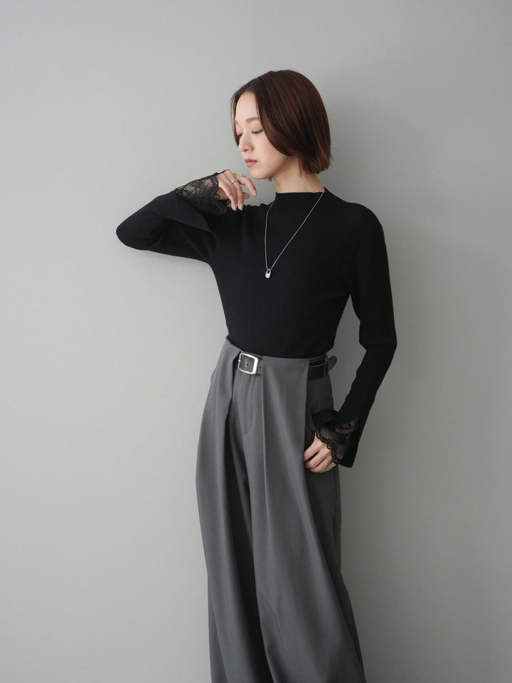 [SET]袖スカラップレースオフネックニットトップス+ベルトループデザインワイドパンツ(2set)