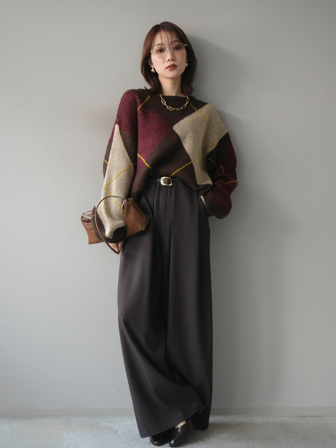 [SET]配色ステッチアーガイル柄ニットプルオーバー+ベルトループデザインワイドパンツ(2set)