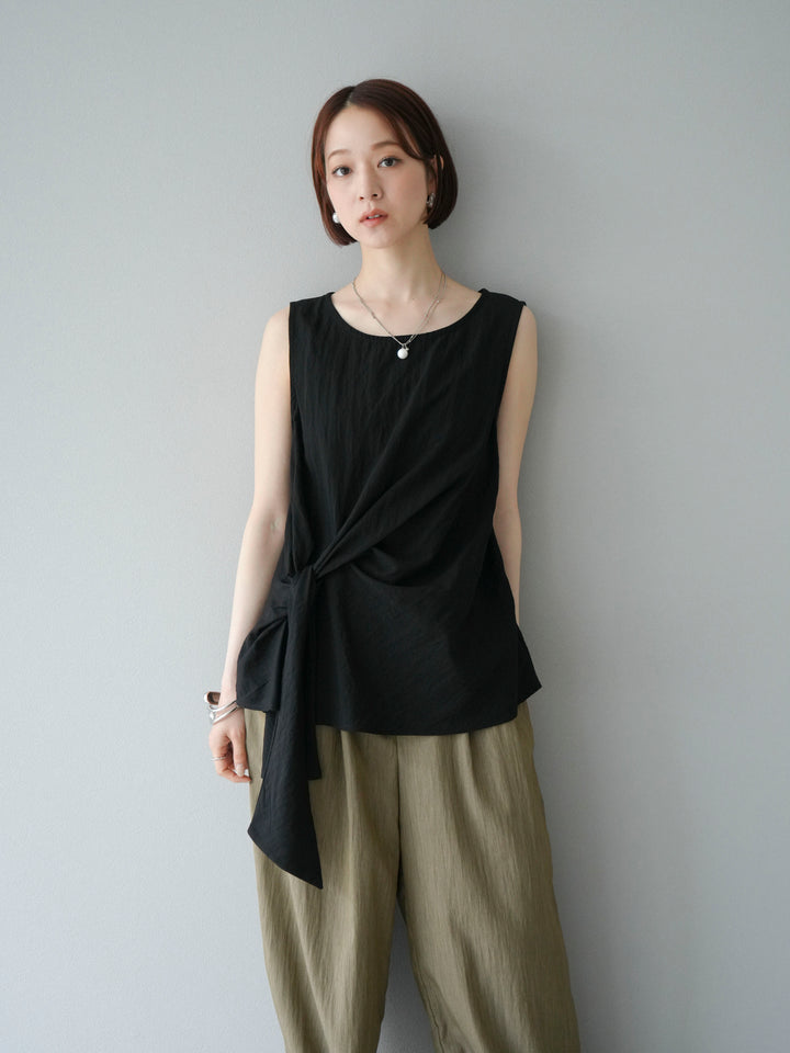 [SET] 前裹式無袖上衣+麻質下擺回型寬褲（2件組）