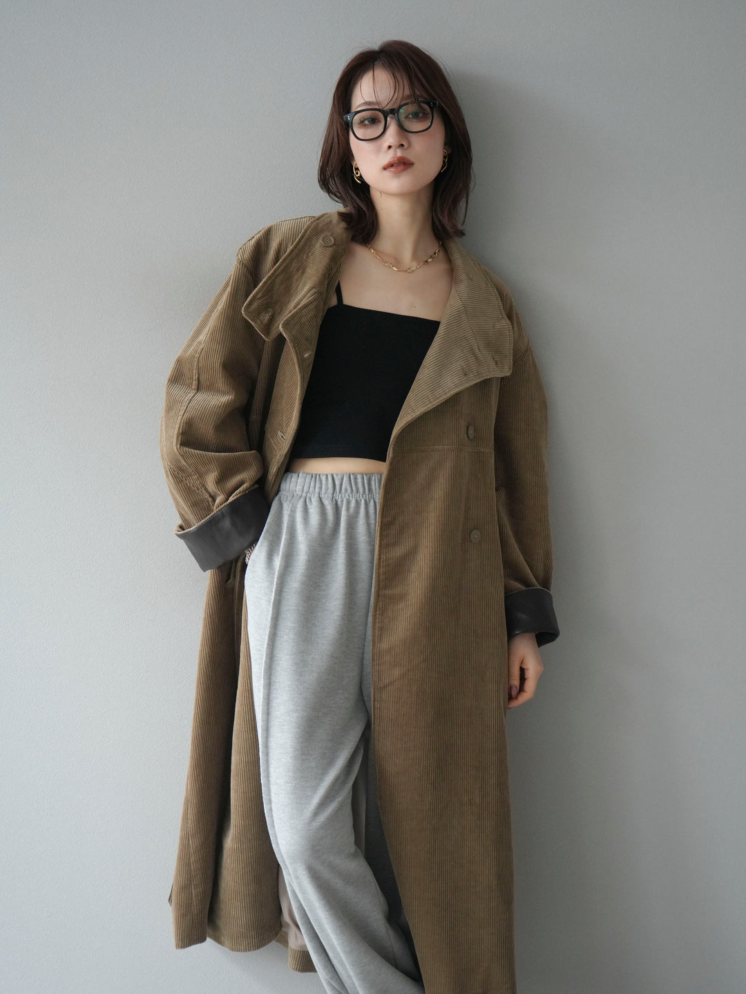 [予約]コーデュロイ折り返しレザーロングコート/beige