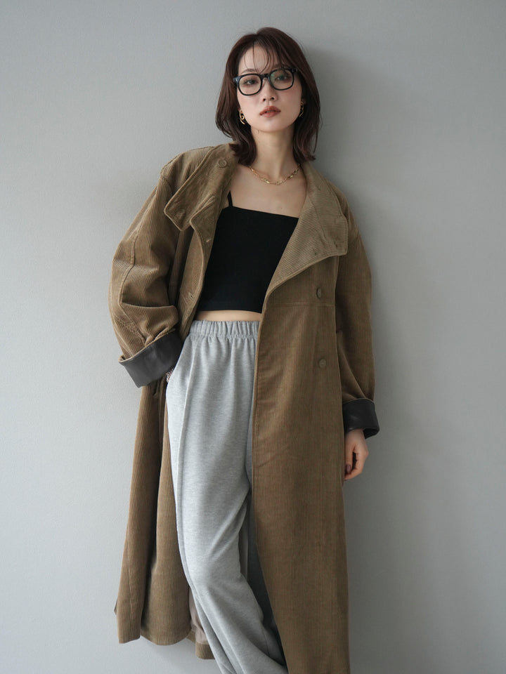 [予約]コーデュロイ折り返しレザーロングコート/beige