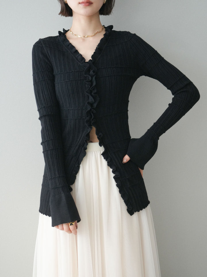 [予約]フロントフリルリブニットカーディガン/black