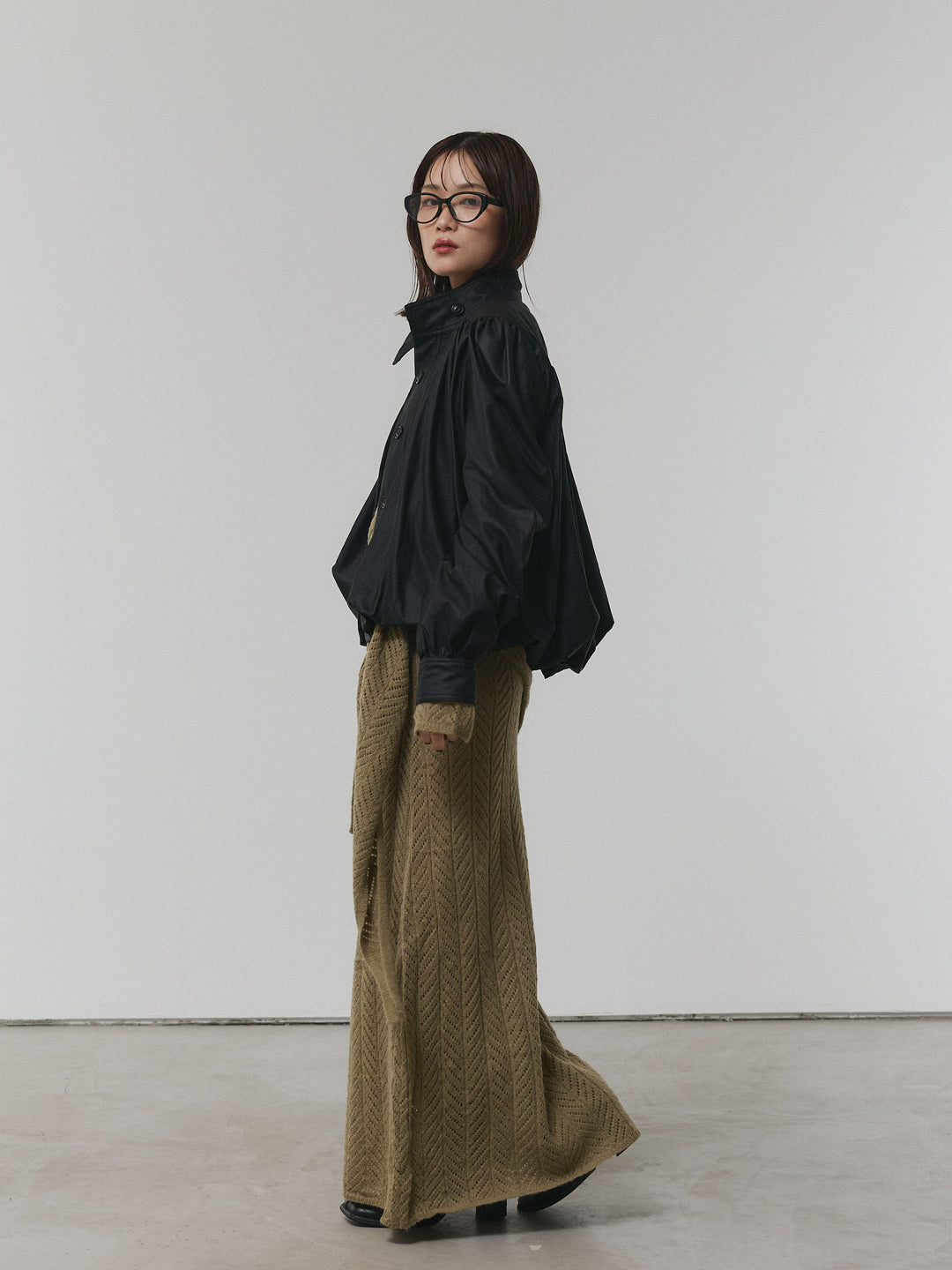 【Allure】[SET]透かし編みニットトップス＆スカート3SET+ベルト付バルーンレザーブルゾン(2set)