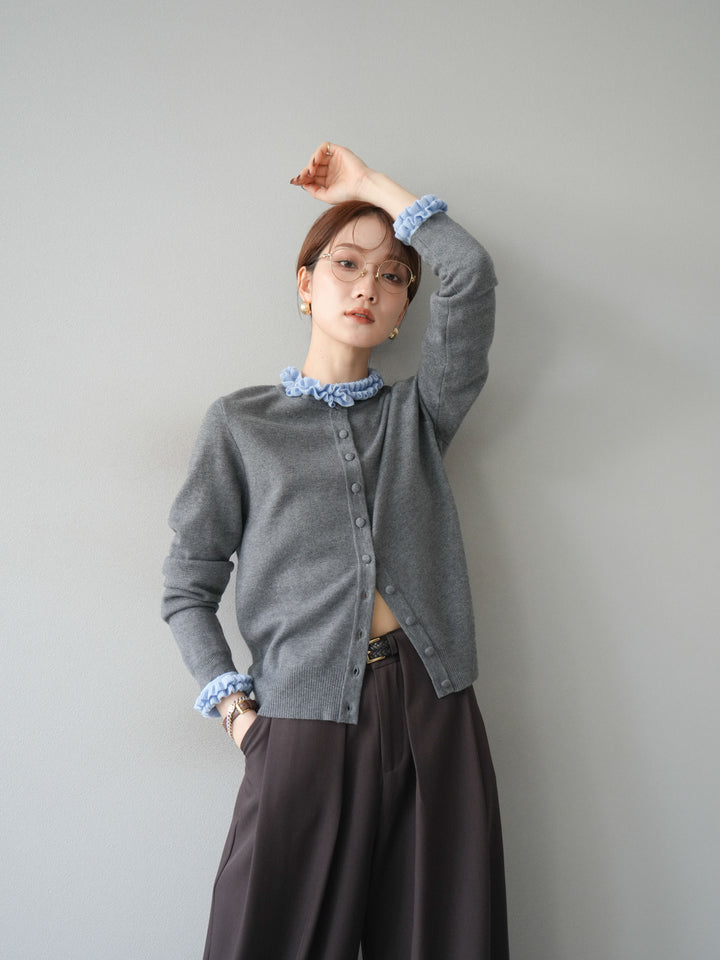 [予約]フリルデザインコンパクトニットカーディガン/グレー