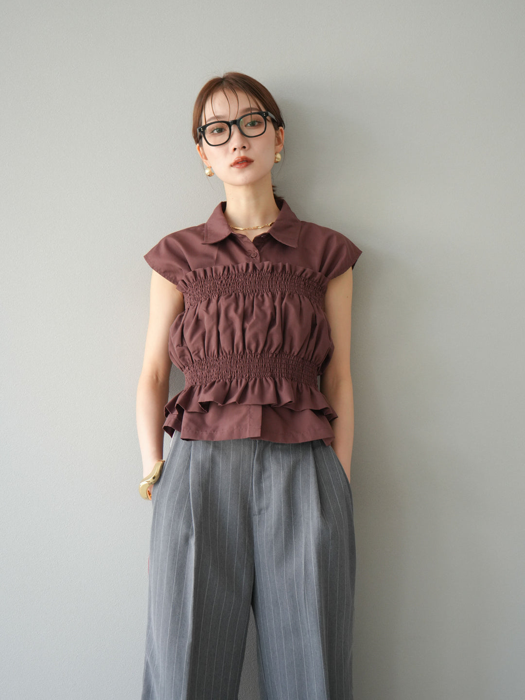 [予約]ブロードシャーリングビスチェ＆ノースリブラウスSET /ブラウン