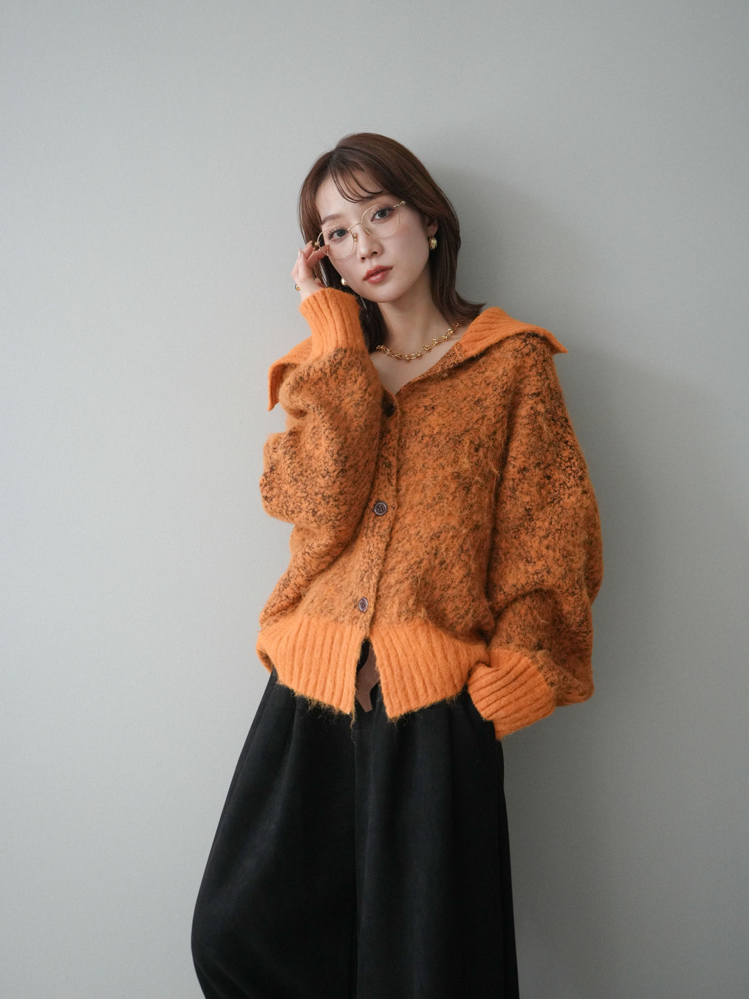 [予約]リブ切替メランジニットカーディガン/orange