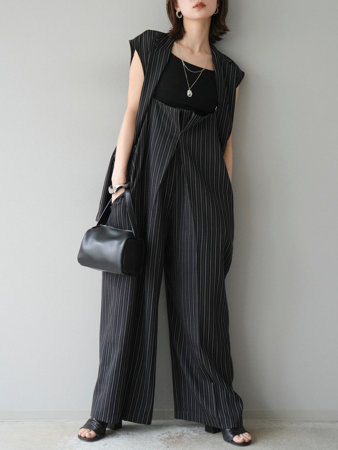 【着回しセット】[SET]ヘリンボーンストライプジレ+シアー切替ベロアトップス+ヘリンボーンストライプサロペット(3set)