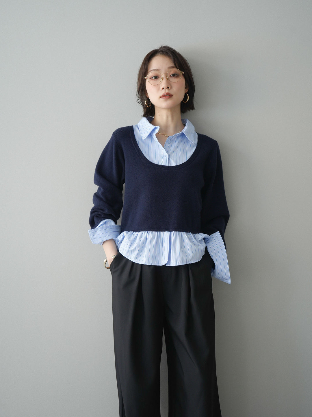 [予約]ストライプシャツUネックドッキングニットプルオーバー/navybluestripeB