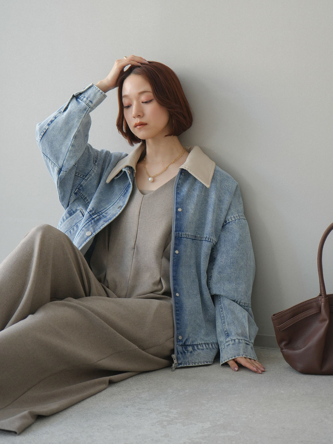 [予約]配色襟レザーデニムブルゾン/bleach
