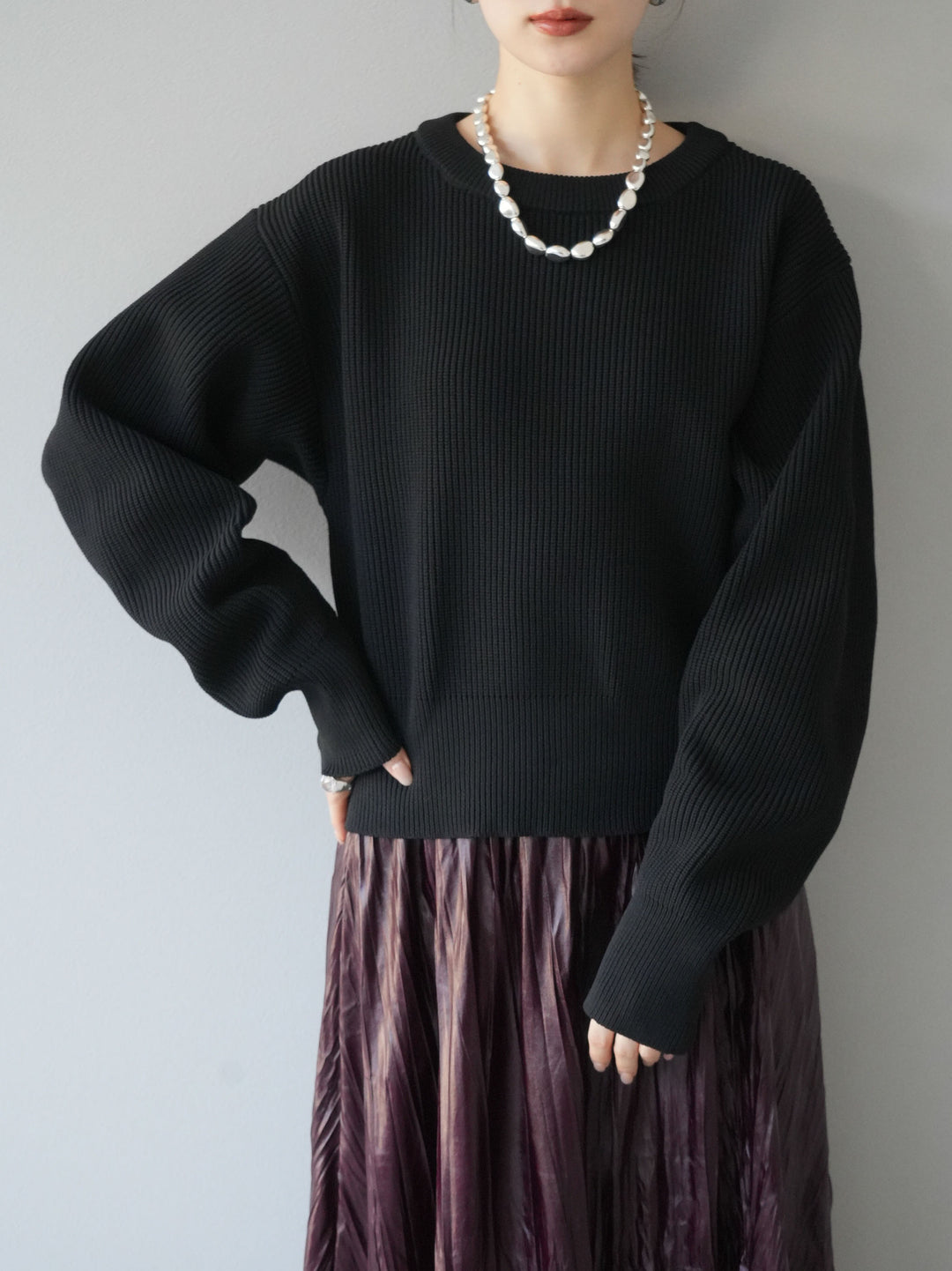 [予約]あぜ編みポリエステルニットプルオーバー/ブラック