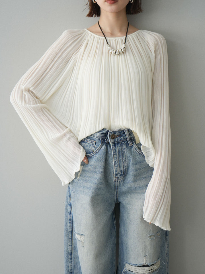 [SET]プリーツシアーフレアスリーブニットトップス+選べるアクセセット(2set)