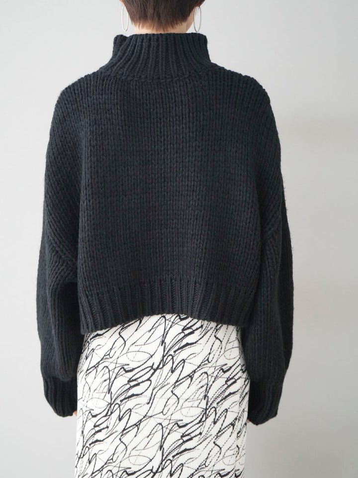 [Pre-order] Rib knit high neck short knit pullover/Black