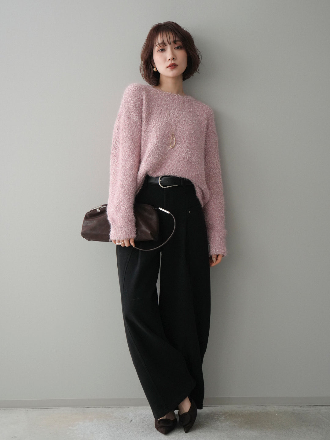[SET]モールラメミックスヤーンニットプルオーバー+ベルト付起毛コクーンパンツ(2set)