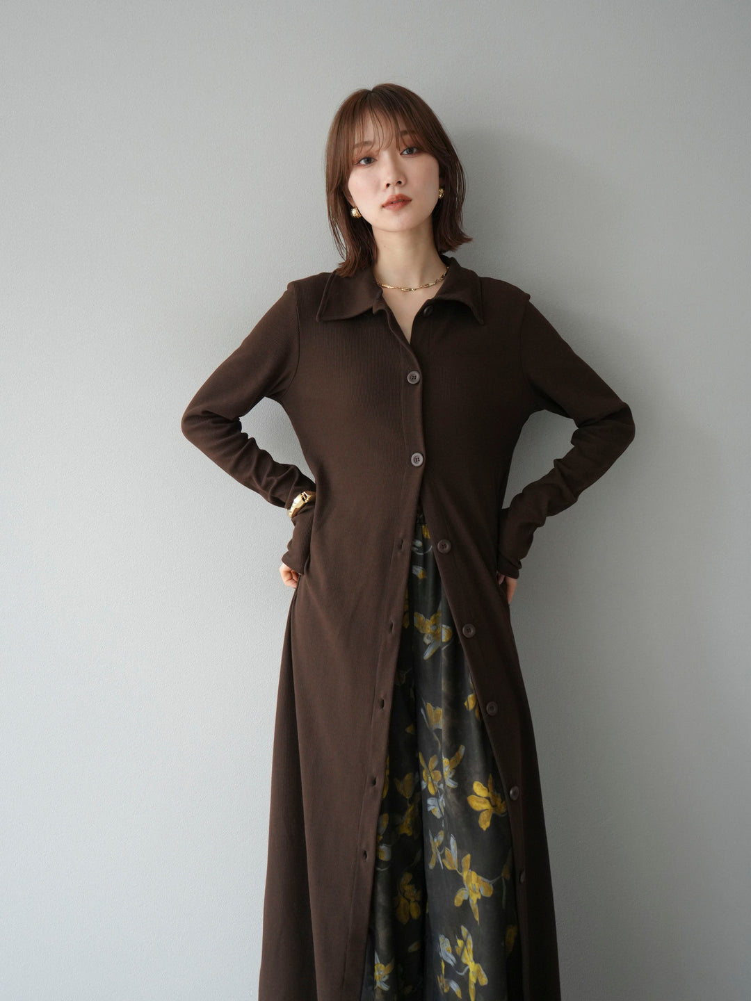 [SET]襟付きカットリブボタンワンピース+フラワープリントチュールレイヤードパンツ(2set)