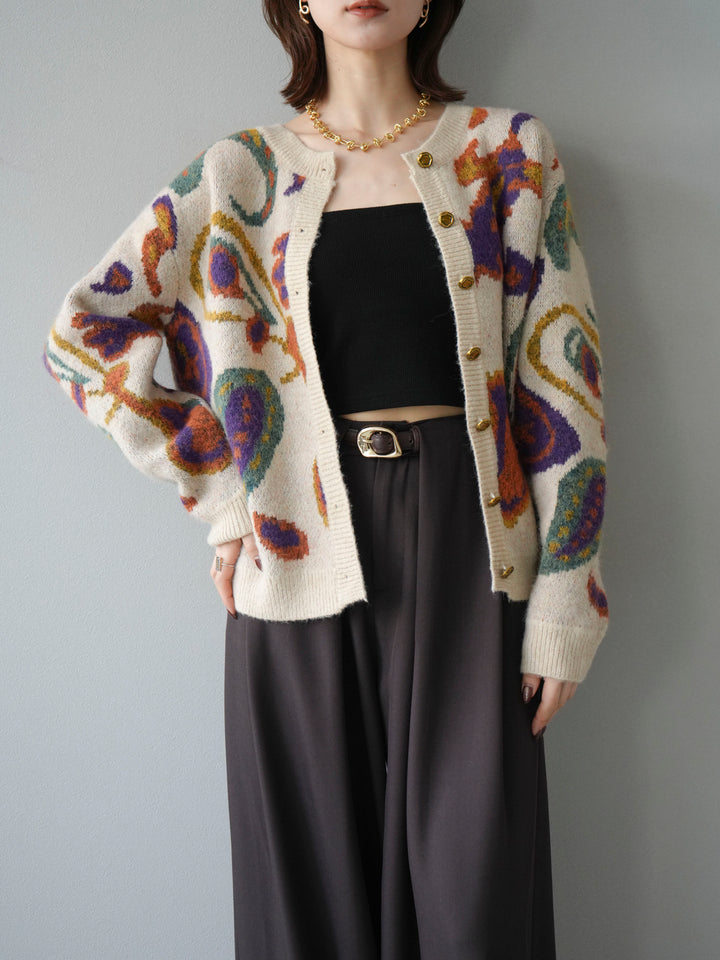 [SET]ミックスヤーンペイズリー柄ニットカーディガン+ベルトループデザインワイドパンツ(2set)