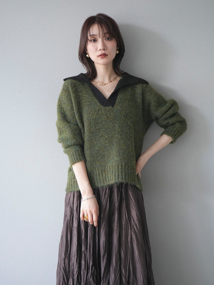 [予約]バイカラー襟付きニットプルオーバー/green