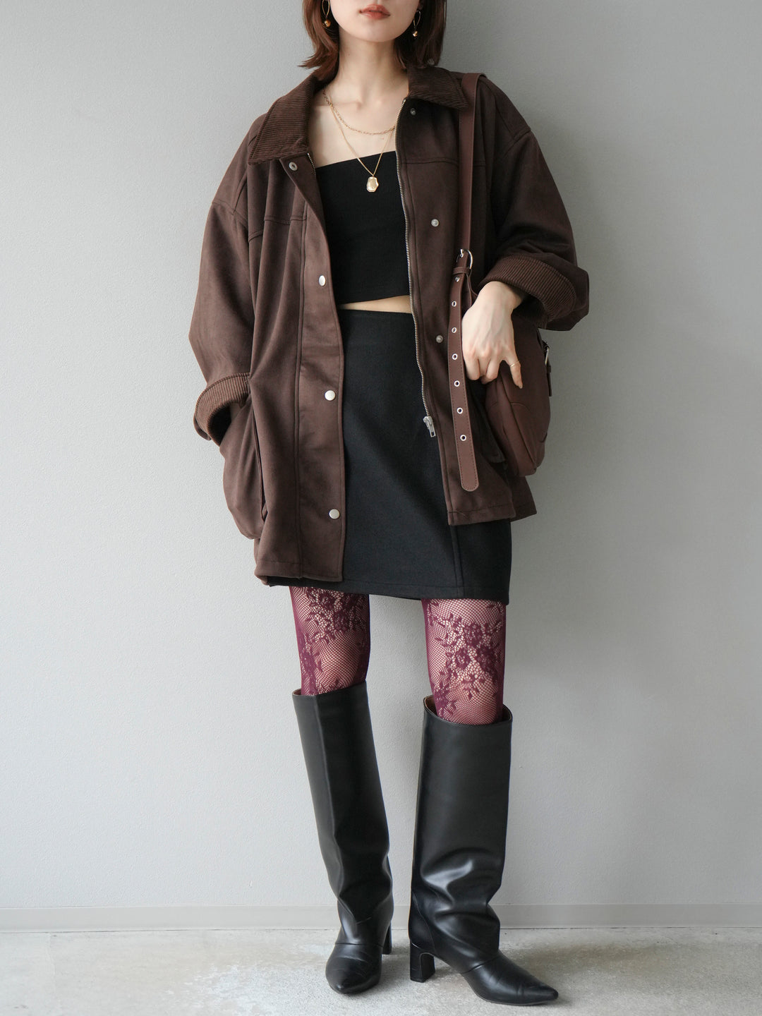 [予約]コーデュロイ襟スウェードミドルジャケット /ブラウン