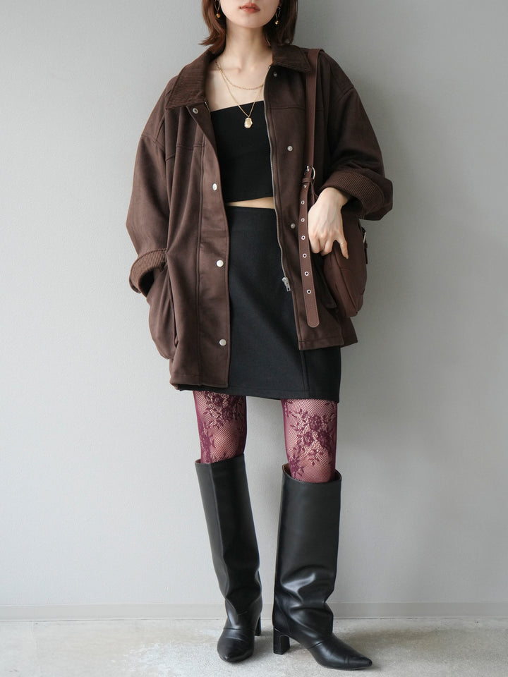 [予約]コーデュロイ襟スウェードミドルジャケット /ブラウン