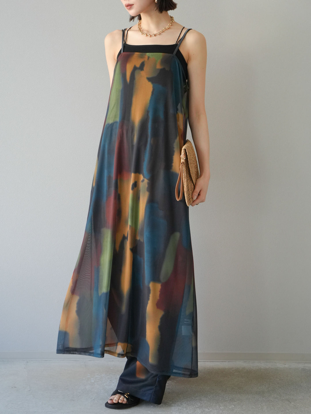 [予約]水彩アートシアーキャミワンピース/チャコール