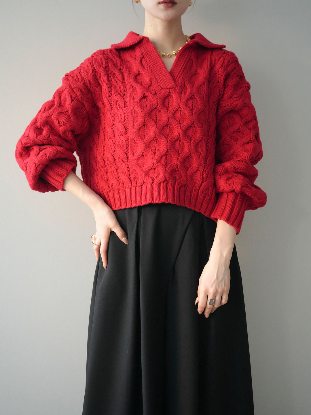 [SET]バルキーケーブルクロップド開襟プルオーバー+選べるアクセセット(2set)