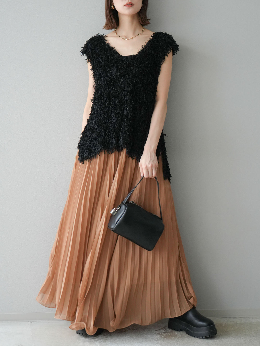 [予約]シフォンプリーツパイピングスカート/キャメル