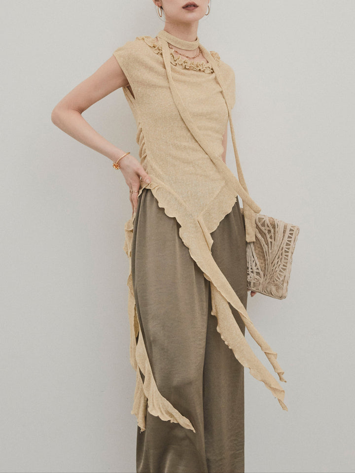 [SET]ラッフルシアーニットタンクトップ+サテンイージーパンツ(2set)