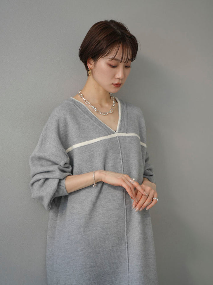 [Pre-order] Color-blocked piping knit dress/gray