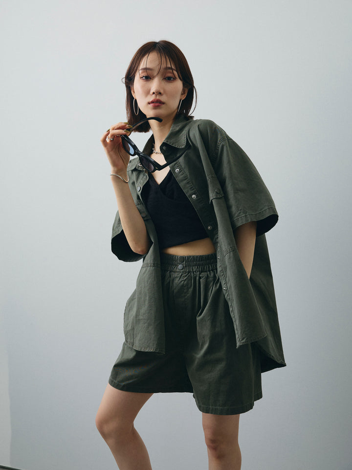 [SET]ミリタリーオーバーシャツ＆ハーフパンツSET UP+リネンライクカシュクールデザインビスチェ(2set)