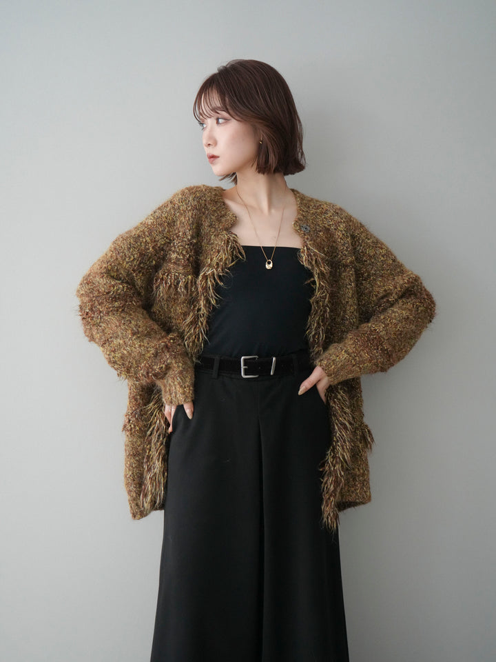 [SET]ミックスヤーンフリンジデザインニットジャケット+ストーンフォークリング(2set)