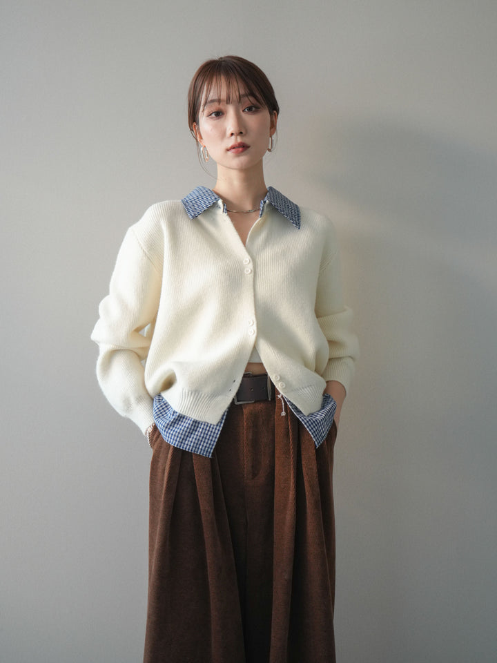 [SET]チェックシャツ襟ニットカーディガン+ベルトデザインループコールテンワイドパンツ(ベルト付き)(2set)
