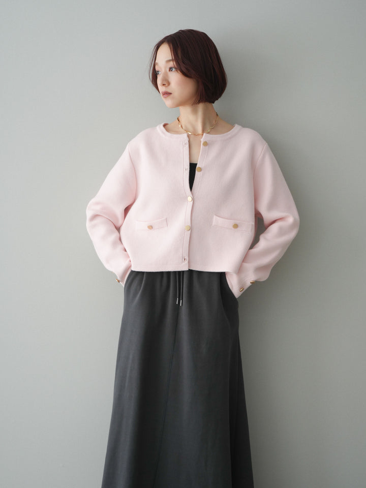 [予約]ゴールドボタンノーカラーニットジャケット/pink