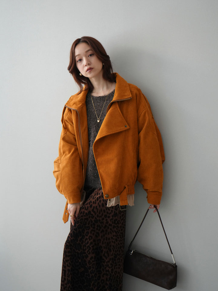 [SET]コーデュロイライダース裾レースブルゾン+モールラメミックスヤーンニットプルオーバー+レオパードベロアナロースカート(3set)