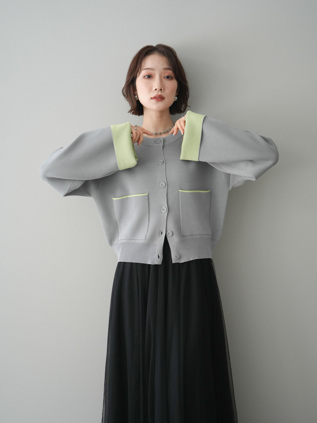 [SET]レーヨンポリダブルフェイスニットカーディガン+チュールボリュームスカート(2set)