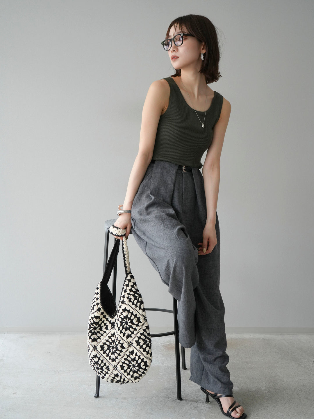 [予約]レーヨンニットタンクトップ/カーキ