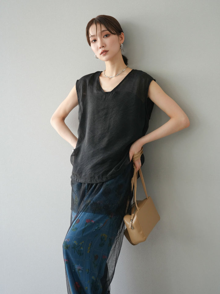 [予約]レースレイヤードオーガンジートップス/ブラック