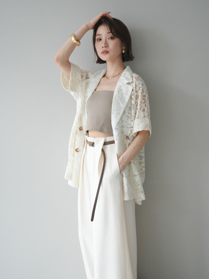 【套裝】花朵蕾絲短袖外套+垂褶收腰帶環長褲（兩件套）