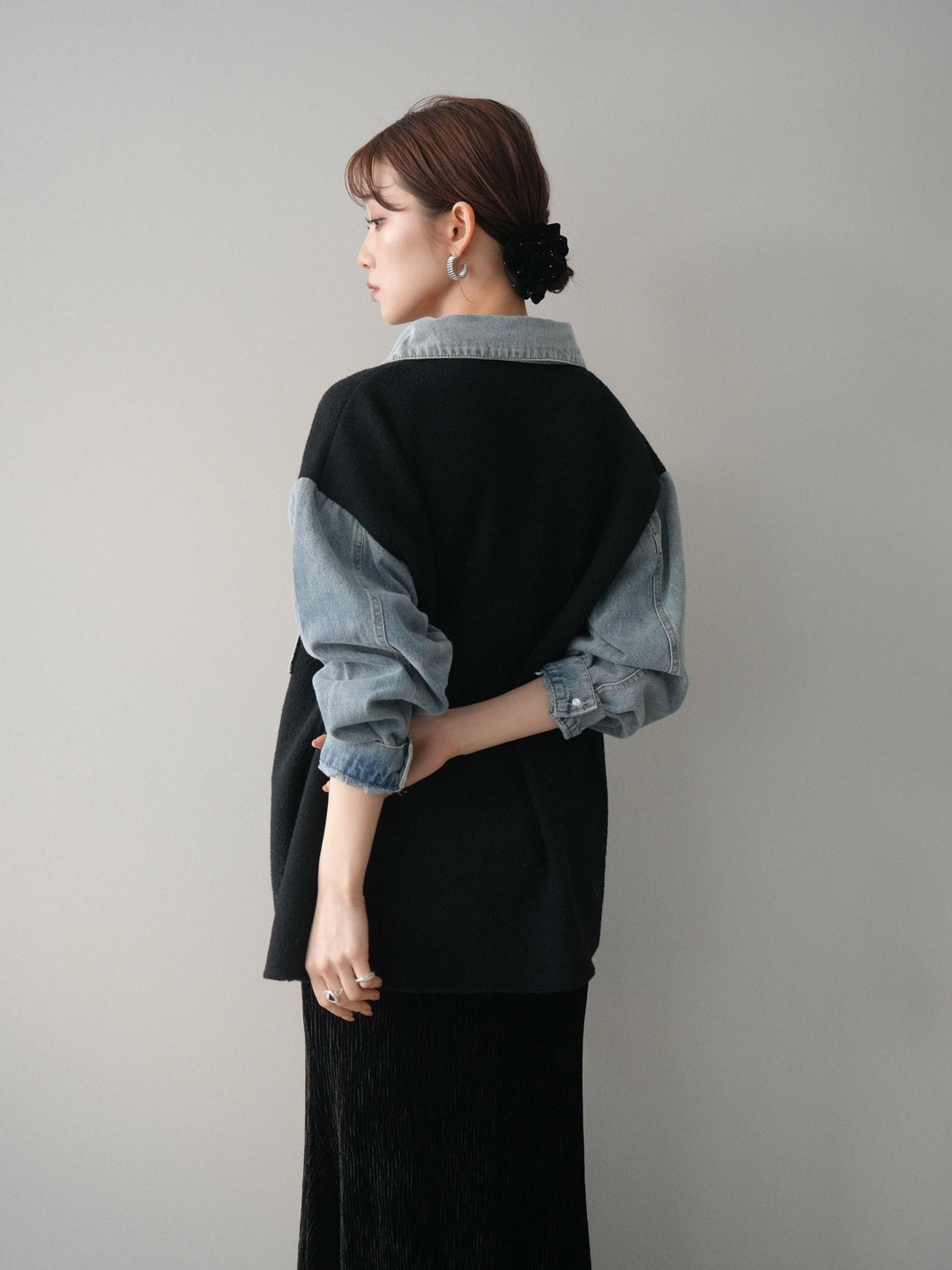 [予約]デニム襟ダブルフェイスニットカーディガン/black