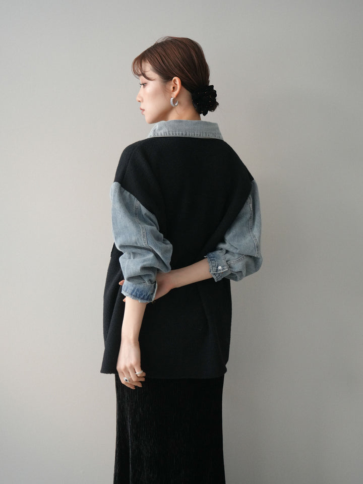 [予約]デニム襟ダブルフェイスニットカーディガン/black