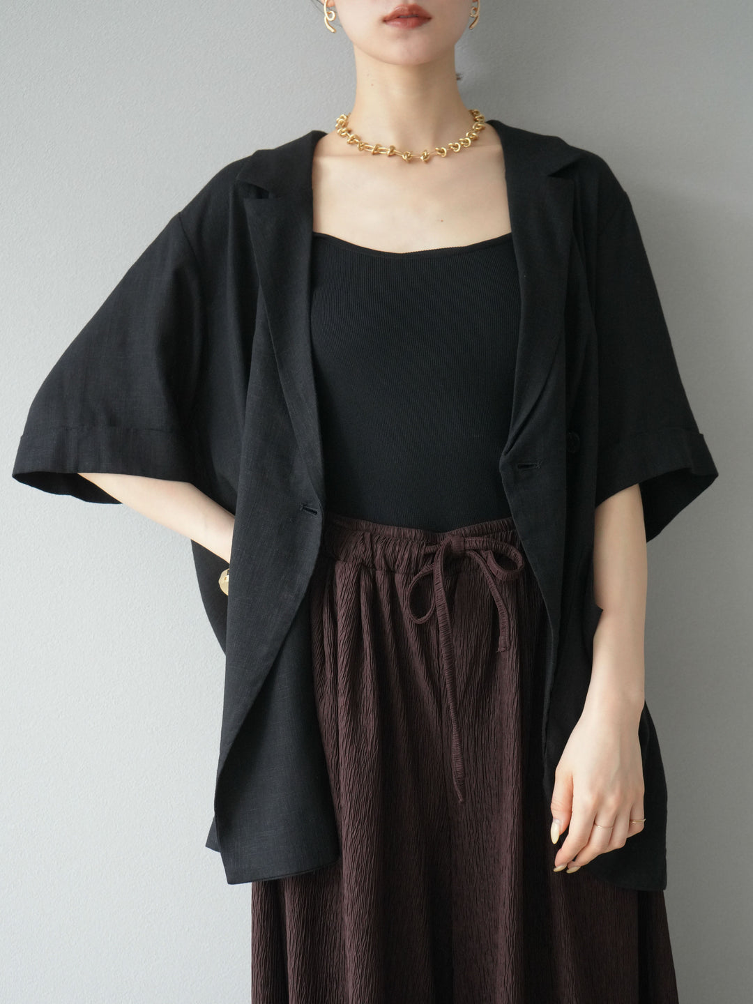 【預購】輕亞麻半袖外套/黑色